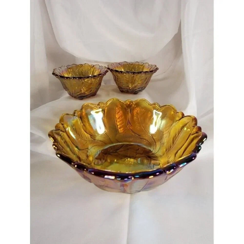 Vtg Indiana Glass Iridescent Gold Carnival Glass #1211 3pc Console Set Footed - Picture 4 of 13